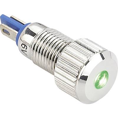 Metallische Kontrollleuchte mit grünem Licht und blauer Steckverbindung, geeignet für elektrische Anzeigen und Geräte.