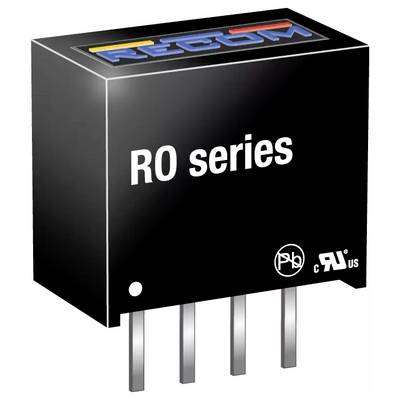 "Recom RO-Serie" schwarze elektronische Komponente mit vier Metallpins, versehen mit Sicherheits-Konformitätssymbolen.