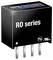 "Recom RO-Serie" schwarze elektronische Komponente mit vier Metallpins, versehen mit Sicherheits-Konformitätssymbolen.