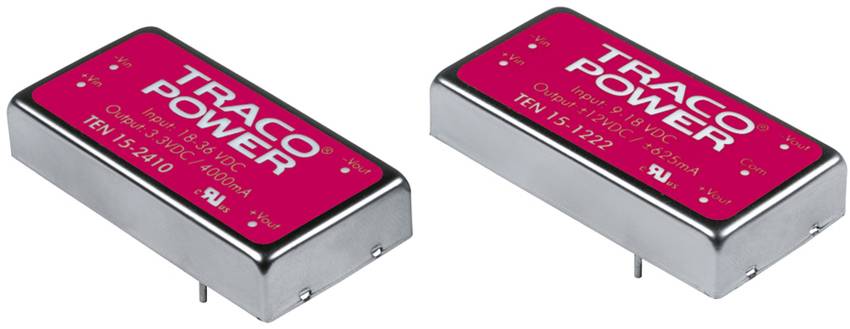 Zwei rechteckige elektronische Komponenten mit rotem Aufdruck 'TRACO POWER', spezifiziert als Modelle TEN 15-2410 und TEN 15-1222.