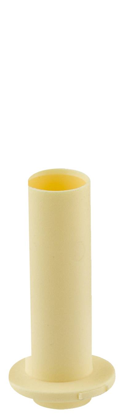 Gelbe kunststoffzylindrische Spule oder Bobine mit Flantschbasis, auf weißem Hintergrund dargestellt.