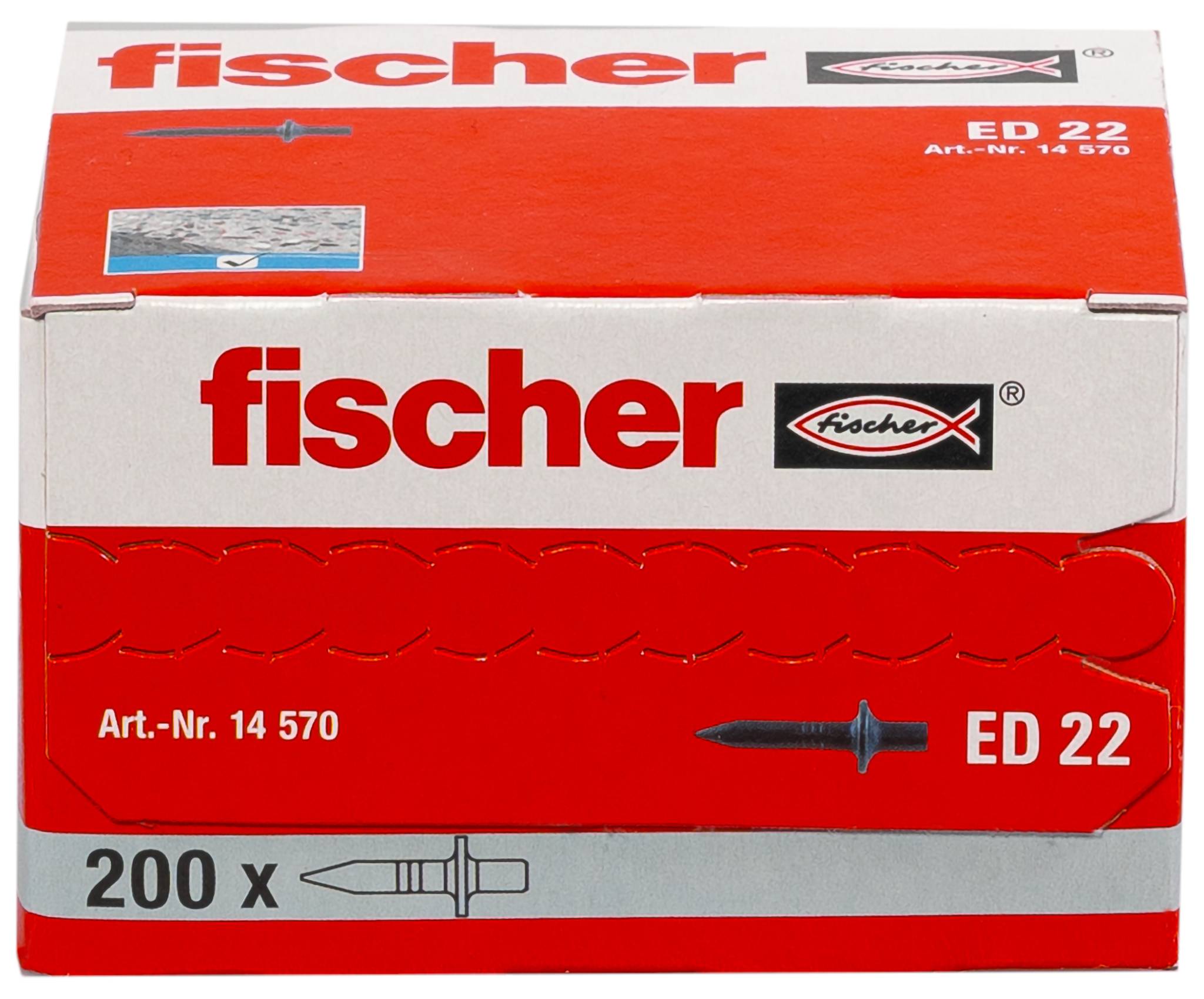 Schachtel Fischer ED 22 Dübel, gekennzeichnet mit „200 x" und „Art.-Nr. 14 570".