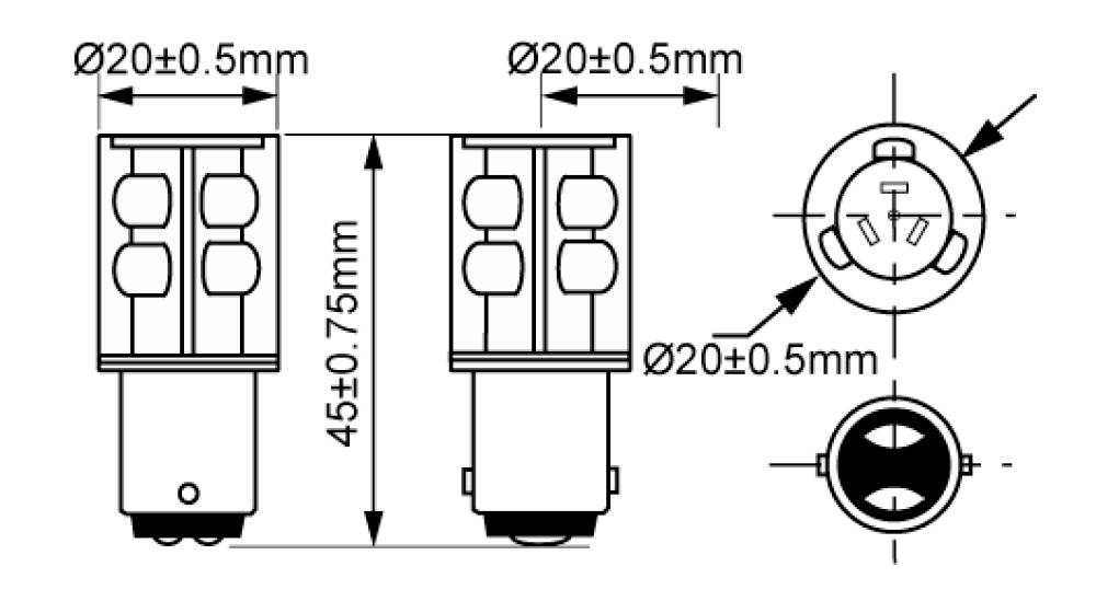 Technische Zeichnung einer LED-Leuchte mit Abmessungen: Durchmesser 20±0,5 mm, Höhe 45±0,75 mm. Zeigt Front- und Seitenansicht.