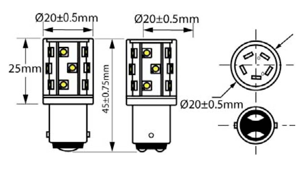 Technische Zeichnung von einer LED-Glühbirne mit Maßen: Durchmesser 20±0,5mm, Höhe 45±0,75mm. Zeigt Vorder-, Seiten- und Draufsicht.