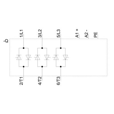 'Schaltplan einer elektrischen Schaltung mit drei parallelen Diodenpaaren, Anschlussklemmen sind markiert mit L1, L2, L3, T1, T2, T3.'