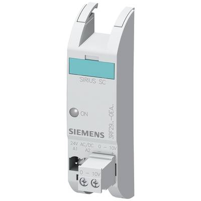 Ein elektrisches Relais von Siemens, Modell 'SIRIUS SC', mit Schalter 'ON'. Es hat einen Anschlussbereich von 0-10V und 24V AC/DC.