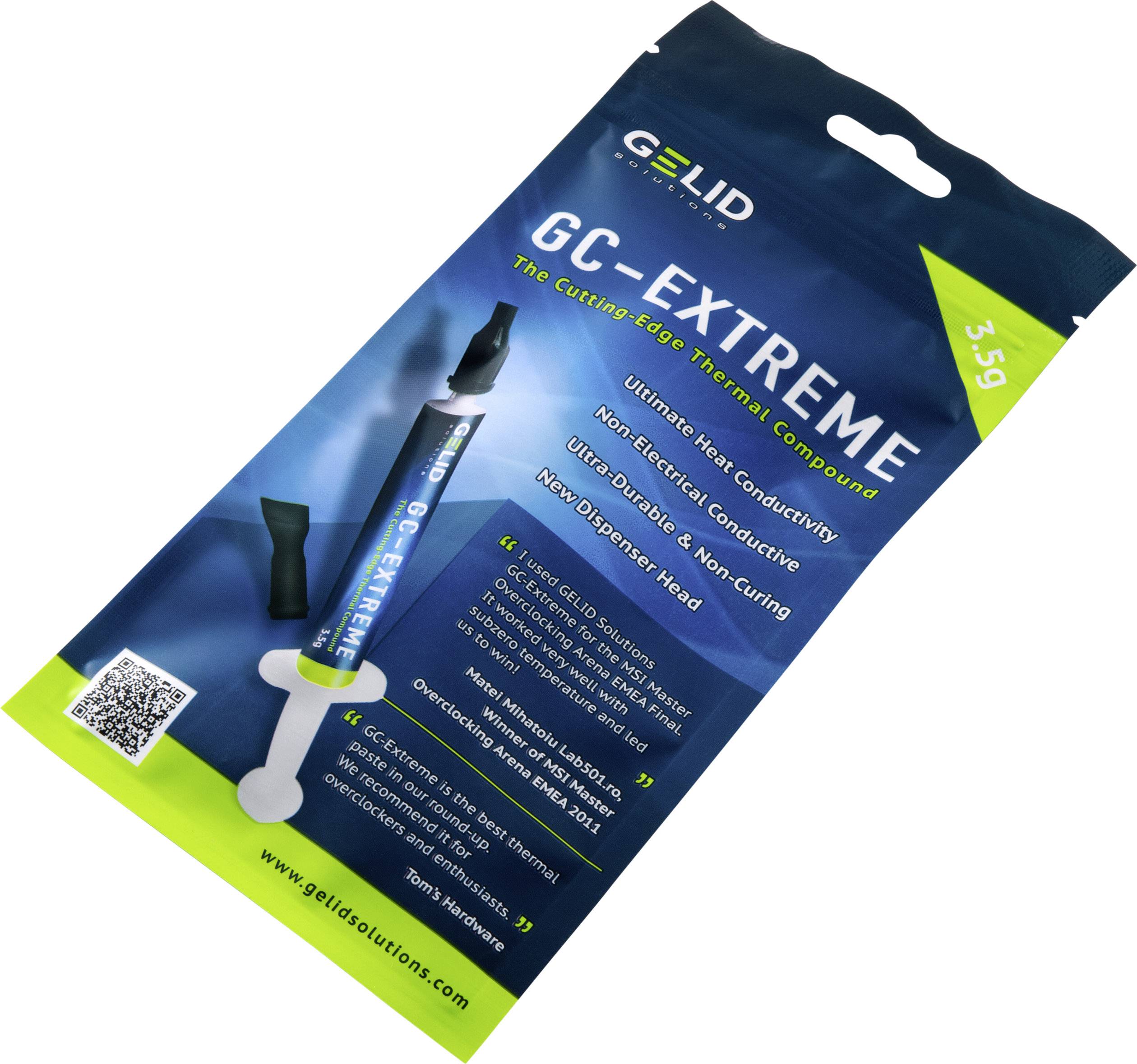 Verpackung eines Wärmeleitpastenprodukts mit der Aufschrift 'GC-Extreme'. Enthält eine Spritze, eine Applikatorspitze und einen QR-Code.