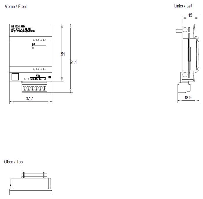 Diagramm eines Geräts mit Vorder-, Links- und Draufsicht. Abmessungen: 37,7 mm Breite, 61,1 mm Höhe, 15 mm Tiefe auf der linken Seite, 18,9 mm Tiefe von oben.