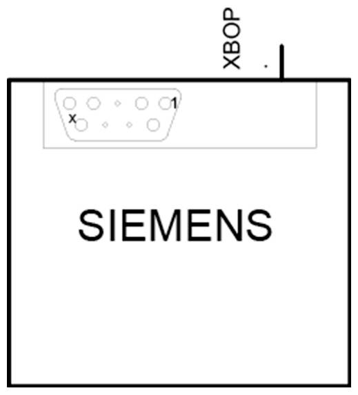 Eine einfache Strichzeichnung eines Siemens-Geräts Modell XBO P mit einem Stecker mit mehreren Stiften oben links.