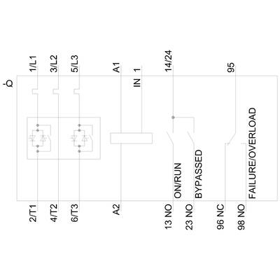 'Schaltplan eines elektrischen Systems mit Haupt- und Nebenschaltkreisen, Klemmen und Überlastanzeige.'