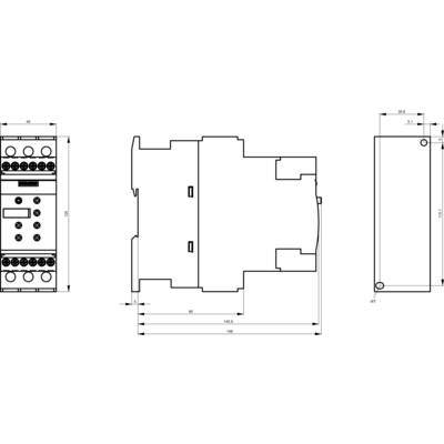 Technische Zeichnung eines elektrischen Bauteils mit Vorder-, Seiten- und Draufsicht inklusive Maßen.
