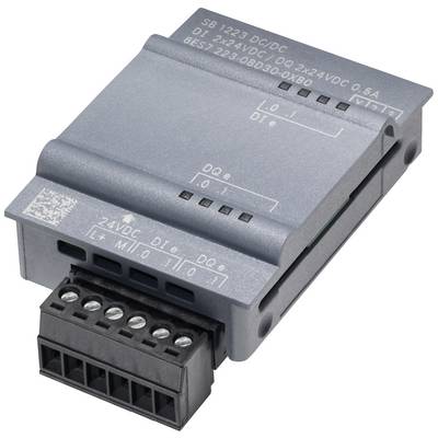 Graues Elektronikmodul mit schwarzen Anschlussklemmen, aufgedruckten technischen Spezifikationen und mehreren Schnittstellen.