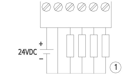 # Diagramm einer 24V-Gleichspannungsverbindung mit sechs Anschlüssen, die positive und negative Verdrahtung zeigt.
