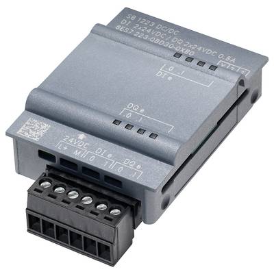 Elektronisches Bauteil mit mehreren Anschlussklemmen, geeignet für 24V DC/DC, beschriftet als 'DO1' und 'DO2'. Kompaktes graues Gehäuse.