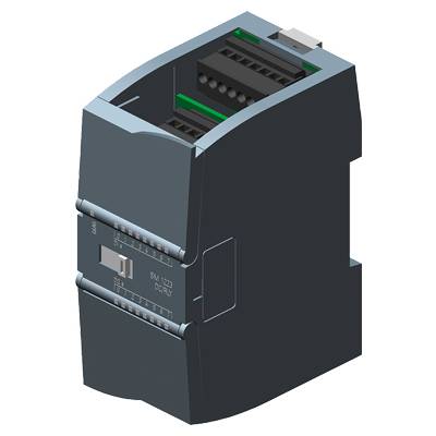 Ein 3D-Modell eines schwarzen elektronischen Geräts, möglicherweise ein SPS-Modul, mit sichtbaren Anschlüssen und Anschlussports auf der Oberseite und den Seiten.