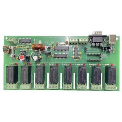 Elektronikplatine mit mehreren Relais, Kondensatoren und Schaltkreisen. Links Spule, oben Steckanschlüsse, rechts serielle Schnittstelle.