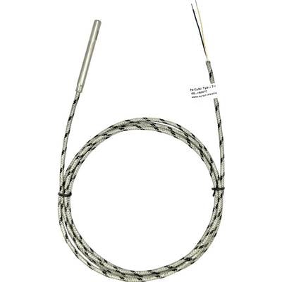 Ein Thermoelement mit einer Edelstahlsonde und geflochtener Leitung, verwendet zur Temperaturmessung in industriellen Anwendungen.