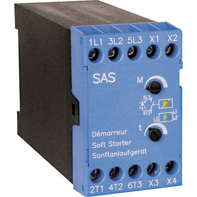 Blauer SAS-Softstartermodul mit beschrifteten Anschlüssen und Einstellreglern auf schwarzem Gehäuse.