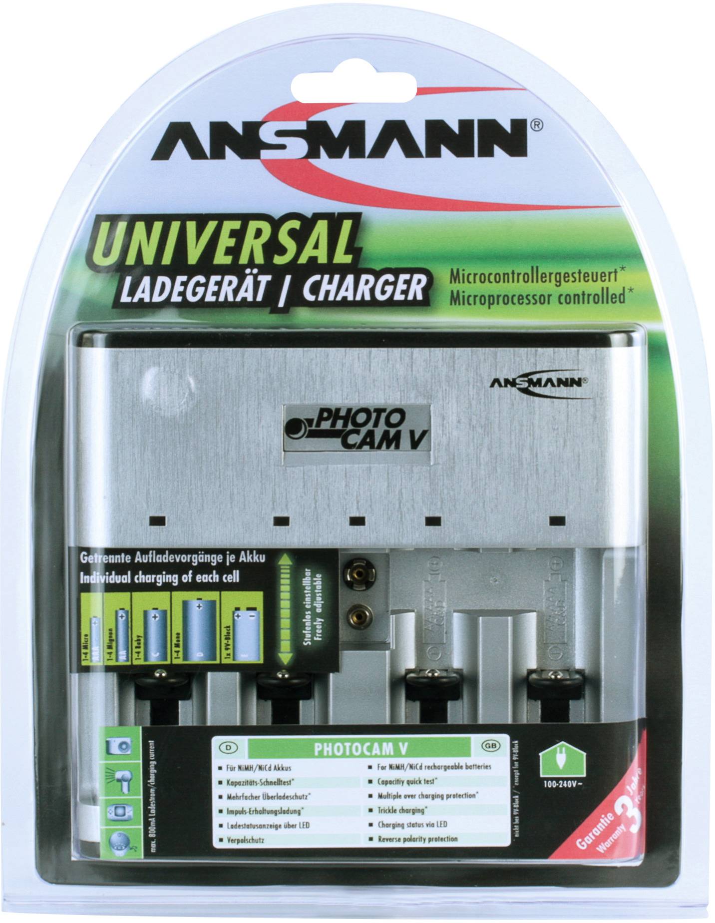 Universal-Ladegerät ANSMANN PhotoCam V für AA/AAA/NiMH/NiCd-Akkus. Mikrocontrollergesteuert, individuelle Ladevorgänge, 3 Jahre Garantie.