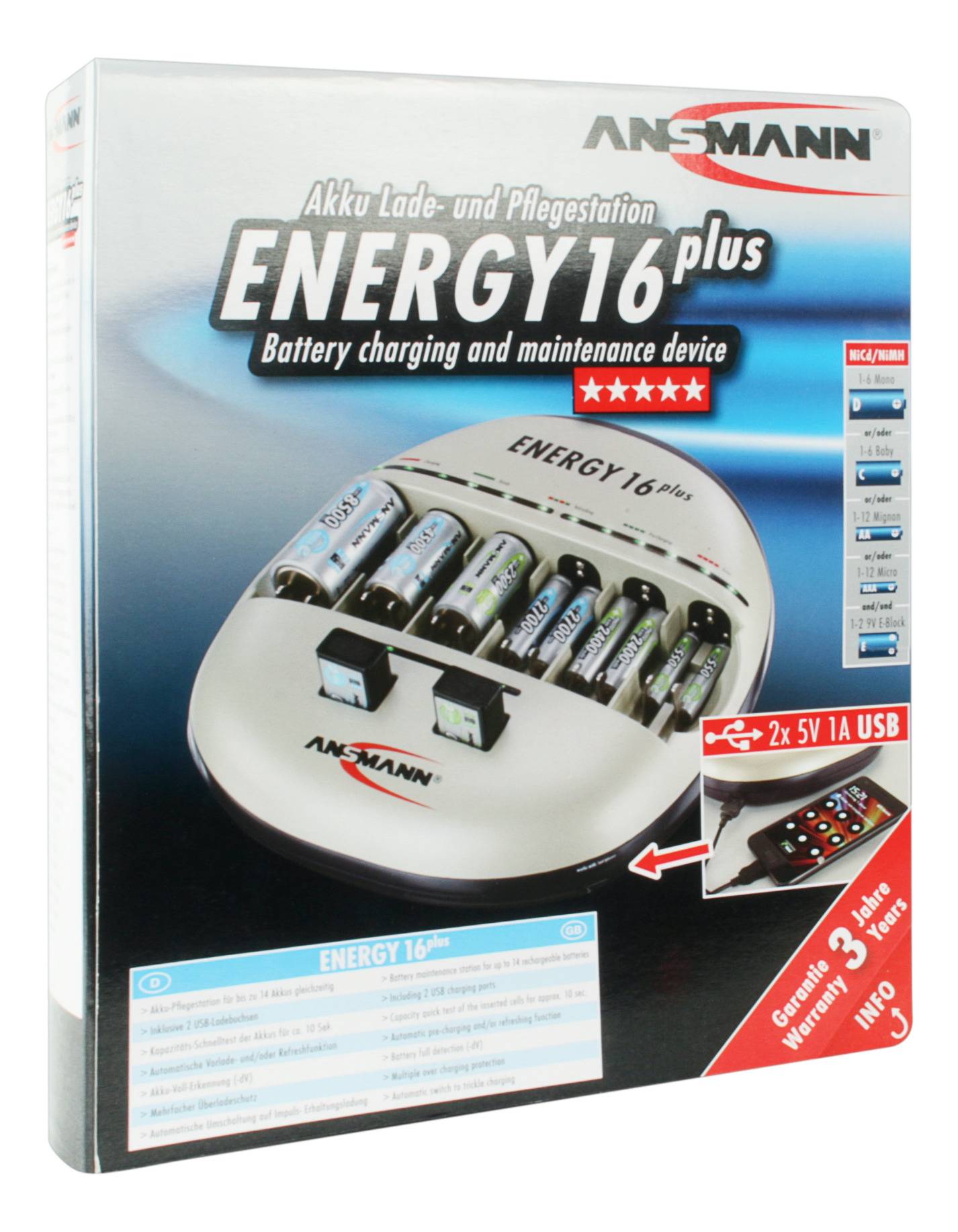 Akkuladegerät Ansmann Energy 16 plus auf Verpackung. Ladegerät für verschiedene Akkutypen mit USB-Anschluss und Zubehör abgebildet.