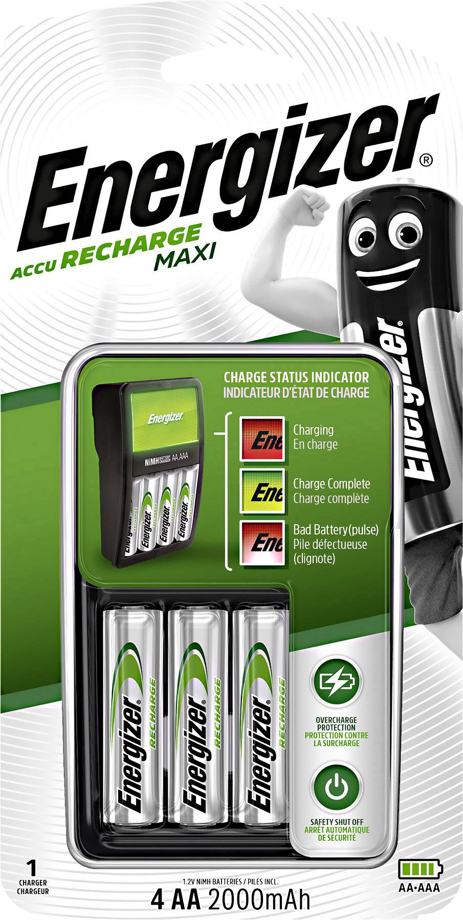 'Verpackung für Energizer Akku Recharge Maxi mit 4 AA 2000mAh Akkus. Anzeige für Ladestatus: Aufladen, Voll, Schlecht.'