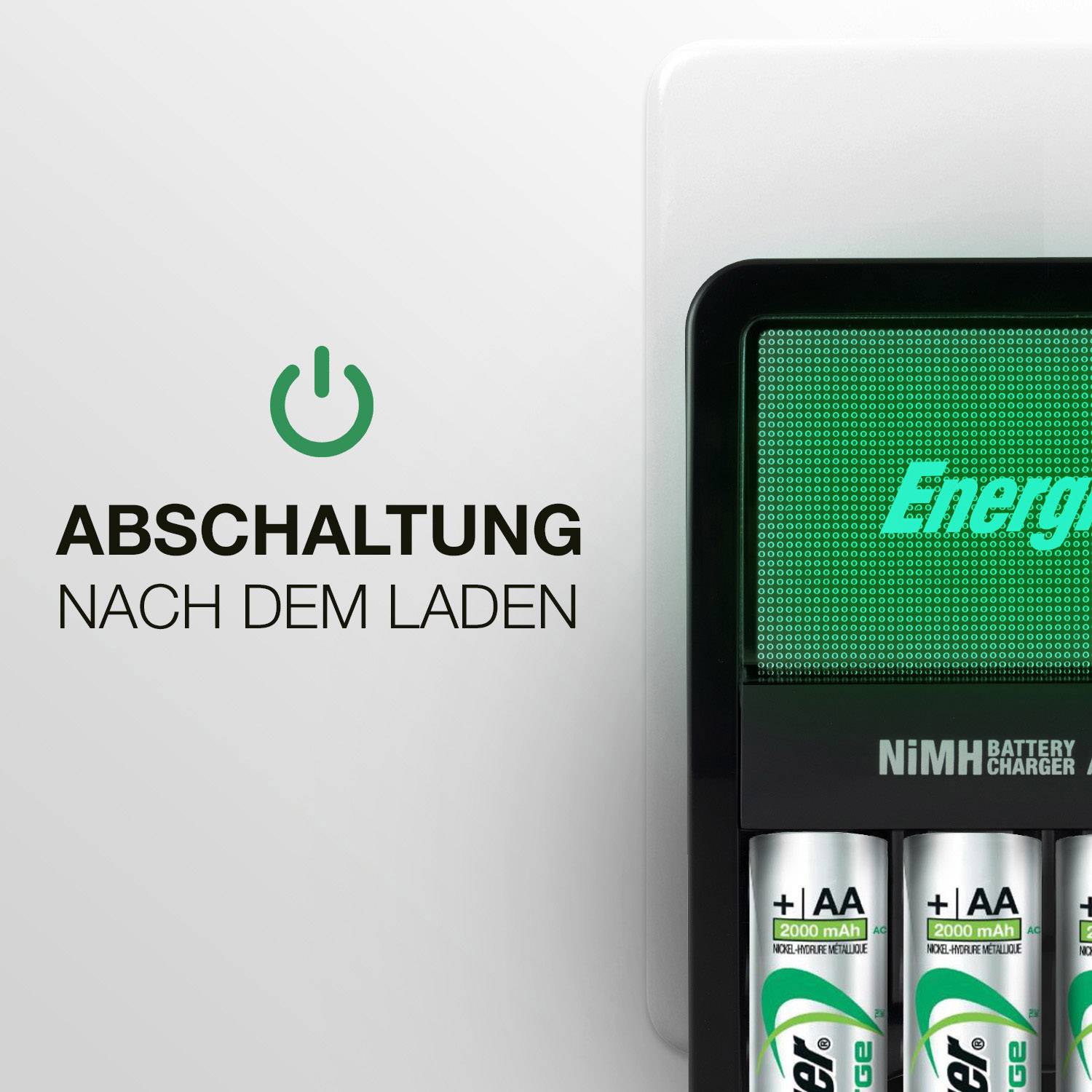 Ein Ladegerät mit 'Energiesparen'-Anzeige und zwei aufgeladenen AA-Batterien daneben. Text: 'Abschaltung nach dem Laden'.