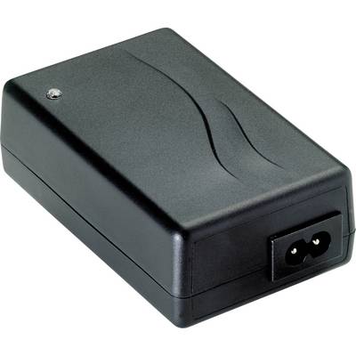 Schwarzes, rechteckiges Netzteil, geeignet zur Stromversorgung von elektronischen Geräten, mit zwei-poligem Ausgangsstecker.