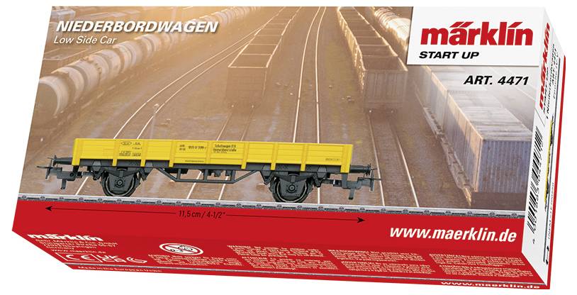 Das Bild zeigt eine Märklin-Modelleisenbahnbox. Sie präsentiert das Modell "Niederbordwagen", ART. 4471, mit einem gelben Zugwagenabbild.
