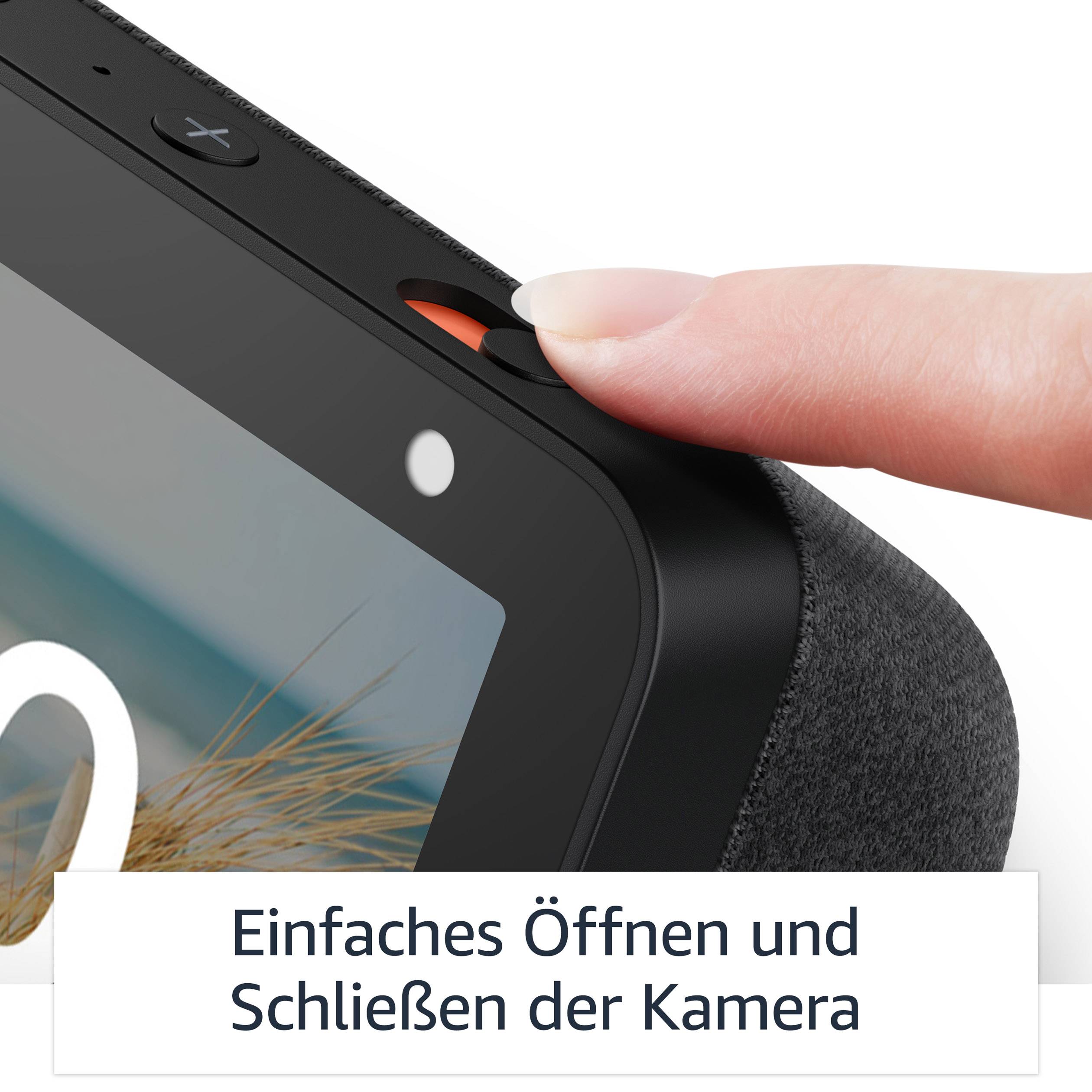 Nahaufnahme einer Hand, die einen Kameraschieber auf einem Gerät betätigt. Darunter steht: 'Einfaches Öffnen und Schließen der Kamera'.