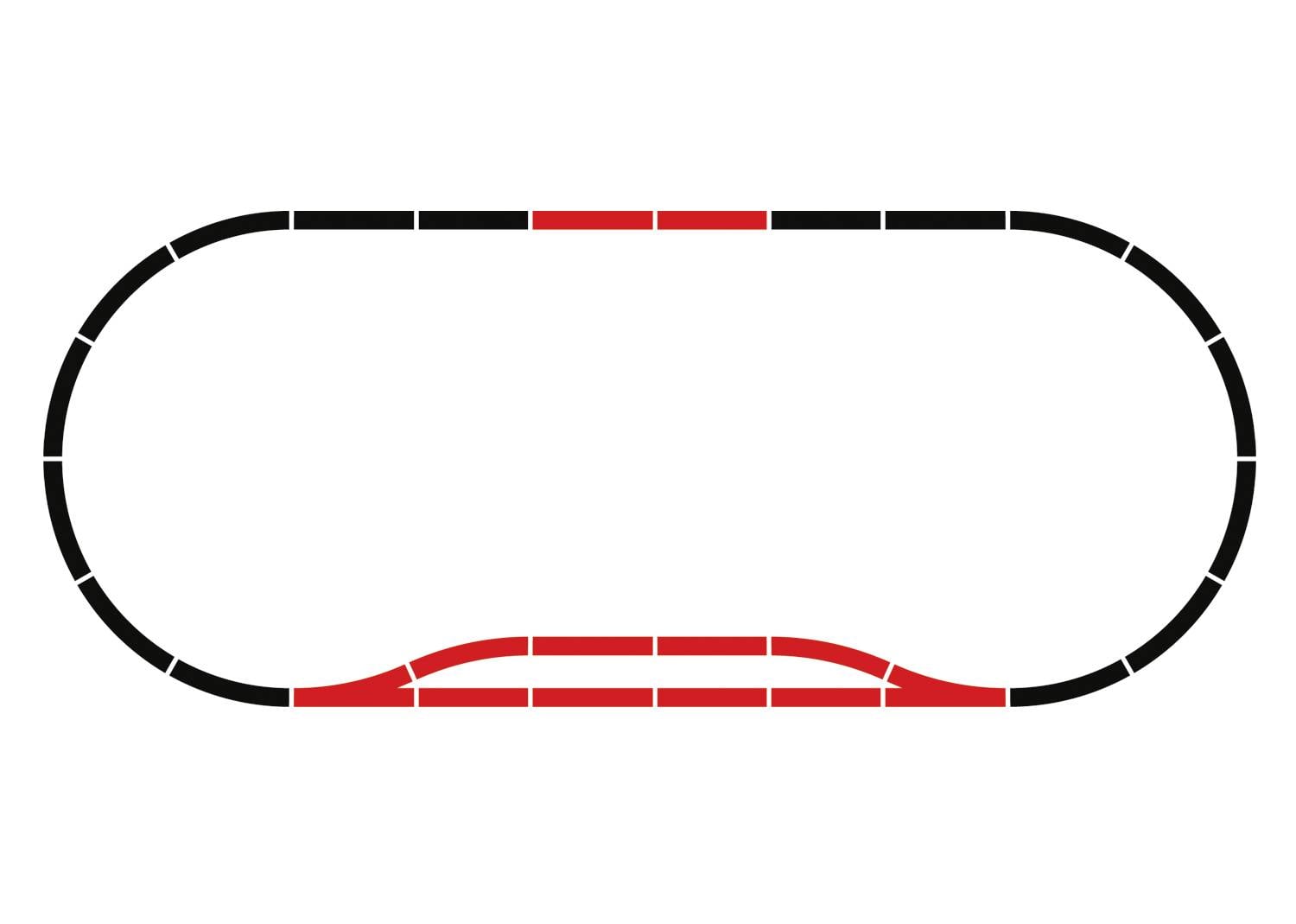'Grafik eines Asphaltovals mit überhöhten Kurven in Rot. Die Gerade ist schwarz dargestellt. Es zeigt eine typische Rennstrecke.'