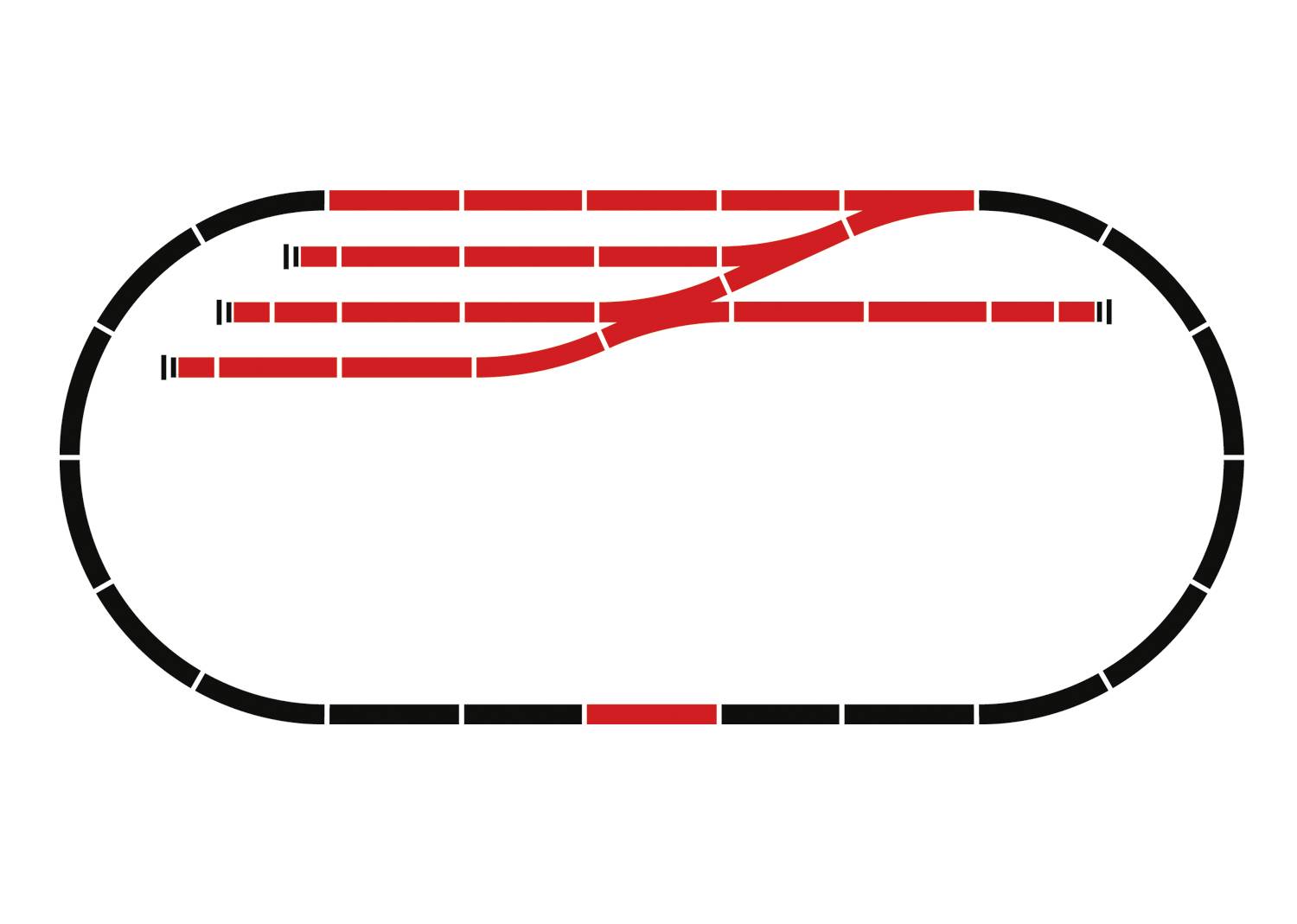 Ein Modellbahn-Oval mit mehreren roten Abstellgleisen und Weichen auf der linken Seite, das Layout ermöglicht Zugwechsel.