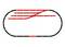 Ein Modellbahn-Oval mit mehreren roten Abstellgleisen und Weichen auf der linken Seite, das Layout ermöglicht Zugwechsel.