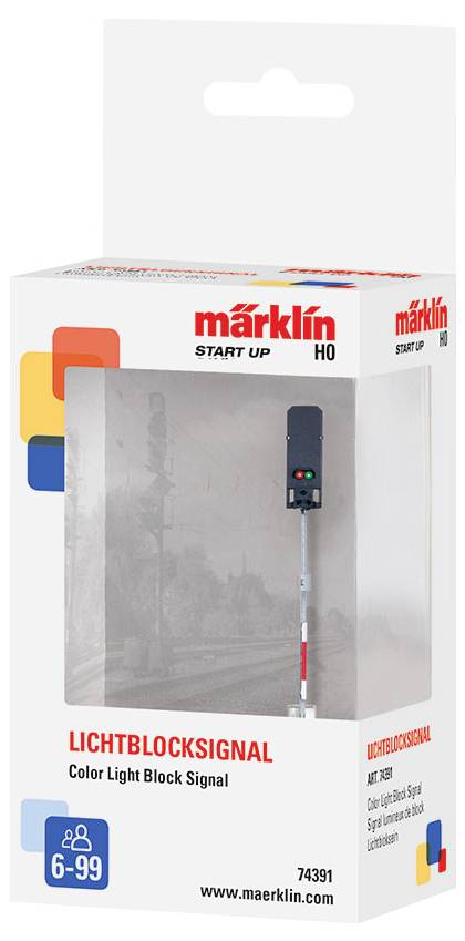Verpackung eines Märklin H0-Lichtblocksignals. Enthält Abbildung des Signals, geeignet für Altersgruppe 6-99 Jahre. Artikelnummer 74391.