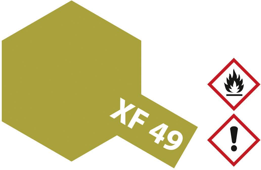 Sechseckiges Farbmuster XF 49, olivgrün. Daneben Symbole für 'Feuer' und 'Achtung', die vor Entflammbarkeit und Gefahren warnen.