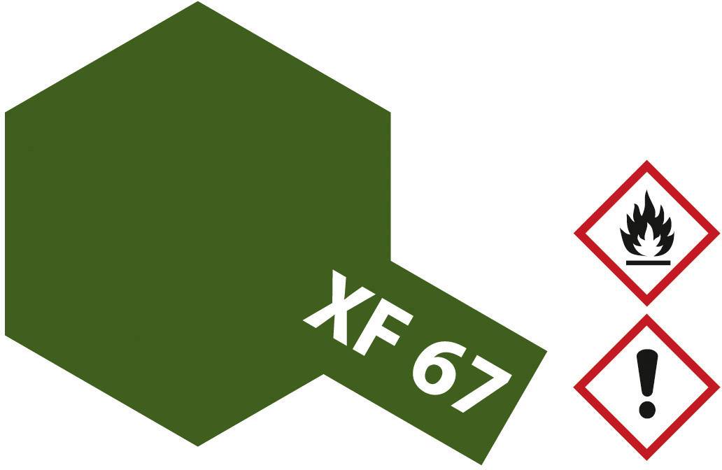 'XF 67' grüner Farbton, daneben zwei Gefahrensymbole: Feuer und Ausrufezeichen für Brennbarkeit und Vorsicht.