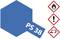 Blaues Etikett mit 'PS 38', daneben drei Gefahrensymbole: Flamme, Ausrufezeichen und Ätzend (zwei Reagenzgläser über einer Hand).