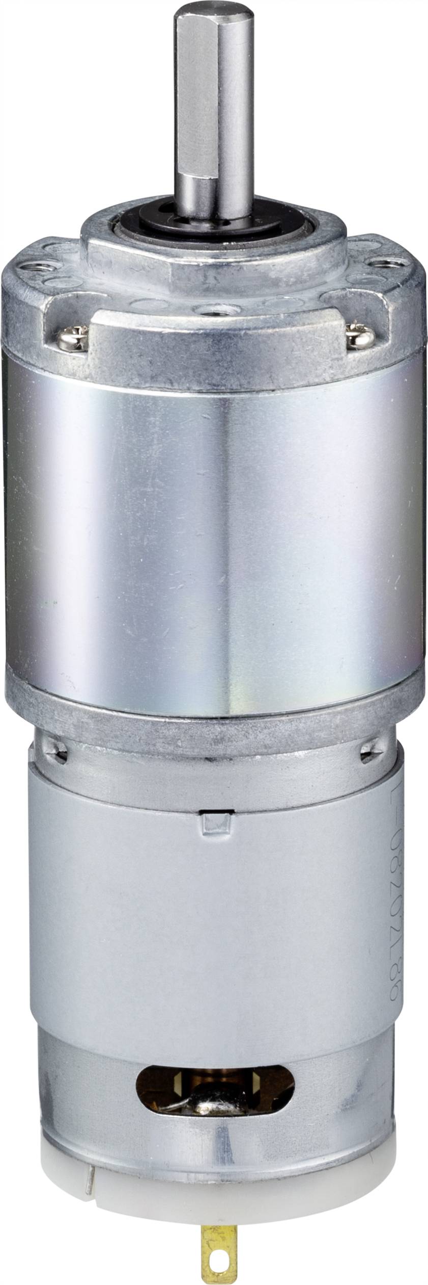 Kleiner Gleichstrom-Getriebemotor mit zylindrischem Metallgehäuse und herausstehender Welle, geeignet für mechanische Anwendungen.