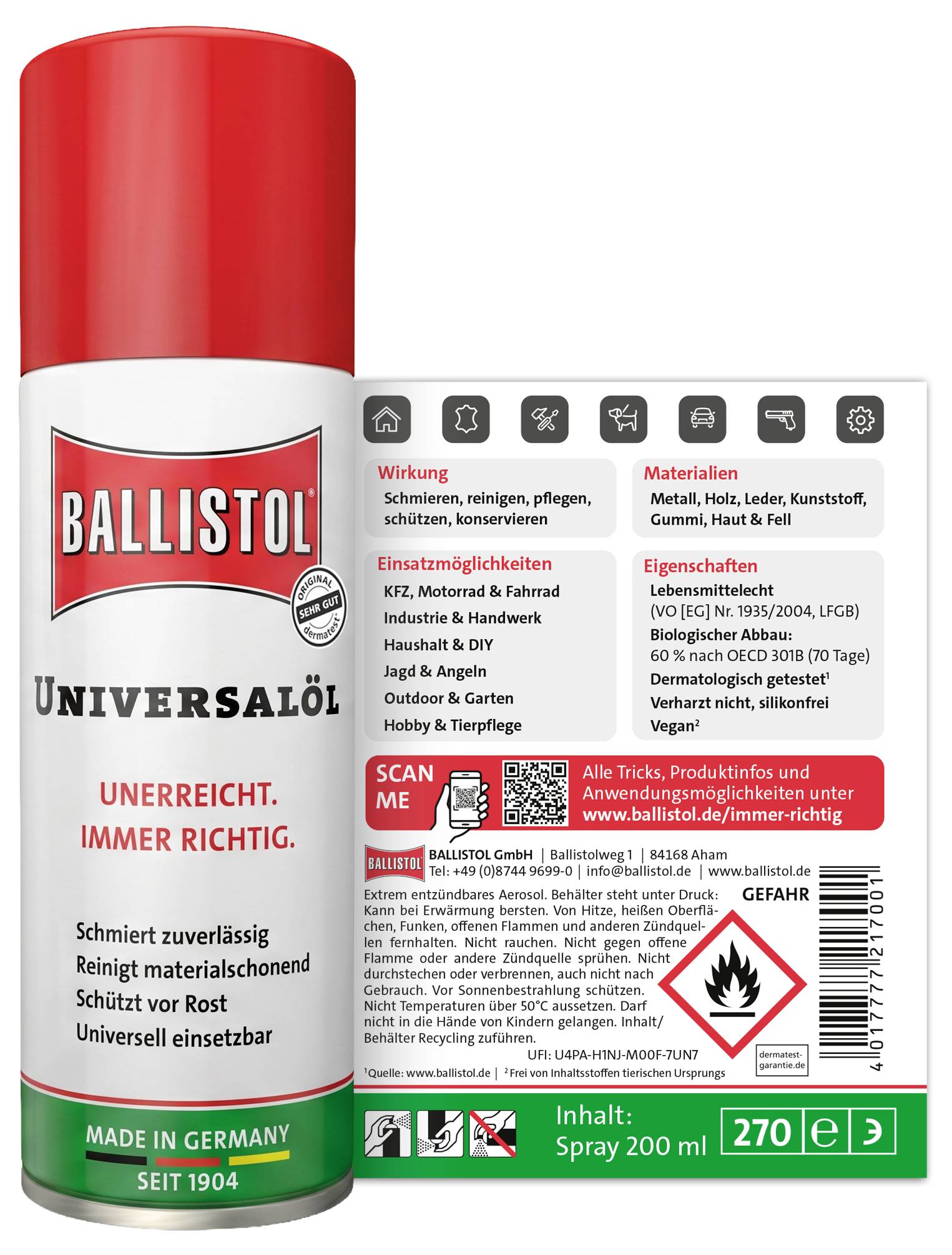 # Ballistol Universalöl Spraydose mit der Bezeichnung 'BALLISTOL UNIVERSALÖL' mit deutschen Produktanwendungen, Gefahrenwarnung und 270 ml Inhalt.