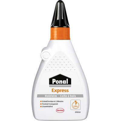 Flasche Ponal Express Holzleim, ausgestattet mit einer spitz zulaufenden Verschlusskappe und mit dem Aufdruck 'Schnell trocknen in 5 Minuten', versehen mit der Henkel-Markenmarke.