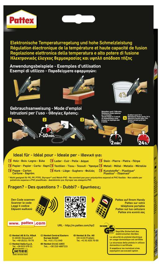 Die Verpackung eines Pattex-Klebeprodukts zeigt Anweisungen in mehreren Sprachen, Bilder des Klebeprozesses und einen QR-Code.
