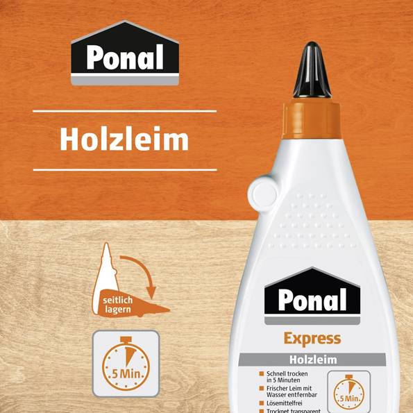 Eine Flasche Ponal Express Holzleim mit einem orangefarbenen Deckel, auf orangefarbenem Hintergrund beschriftet mit 'Holzleim'. Ein Uhrensymbol zeigt eine Trockenzeit von '5 Min.'.