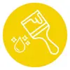 Ein weißer Pinsel mit tropfender Farbe und einem funkelnden Tropfen-Icon in einem gelben Kreis, der Kreativität und Kunst symbolisiert.