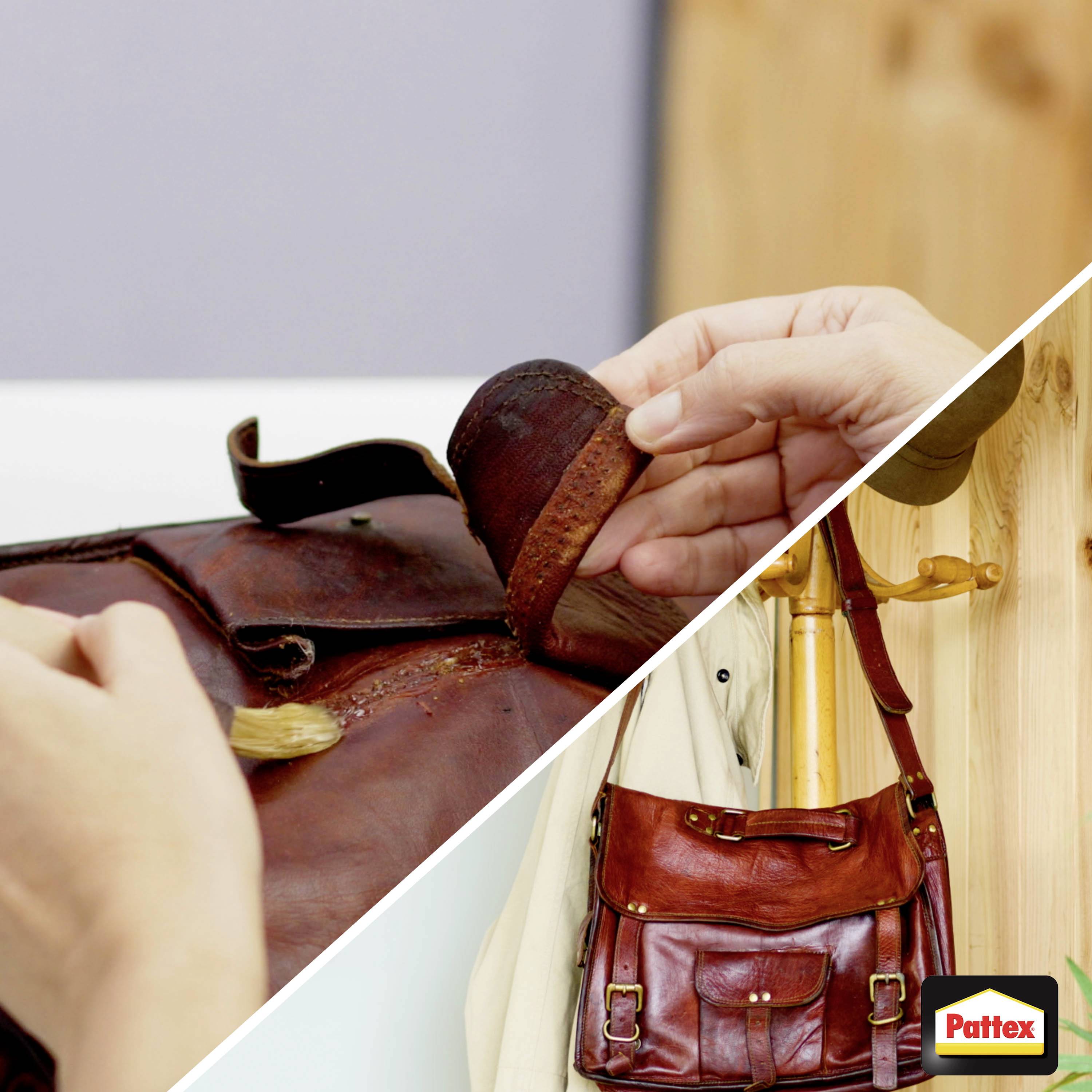 "Pattex" Lederkleber zur Reparatur einer rotbraunen Ledertasche. Oben: Kleber aufgetragen. Unten: reparierte Tasche hängend.