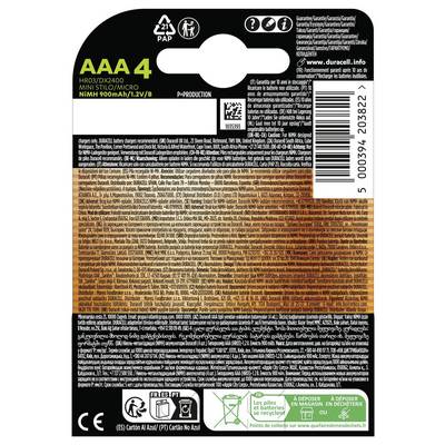 Die Rückseite der Verpackung des „Duracell Hi-Speed Charger" zeigt Sicherheitssymbole, ein Recycling-Symbol, einen Barcode und verschiedene Anweisungen in mehreren Sprachen.