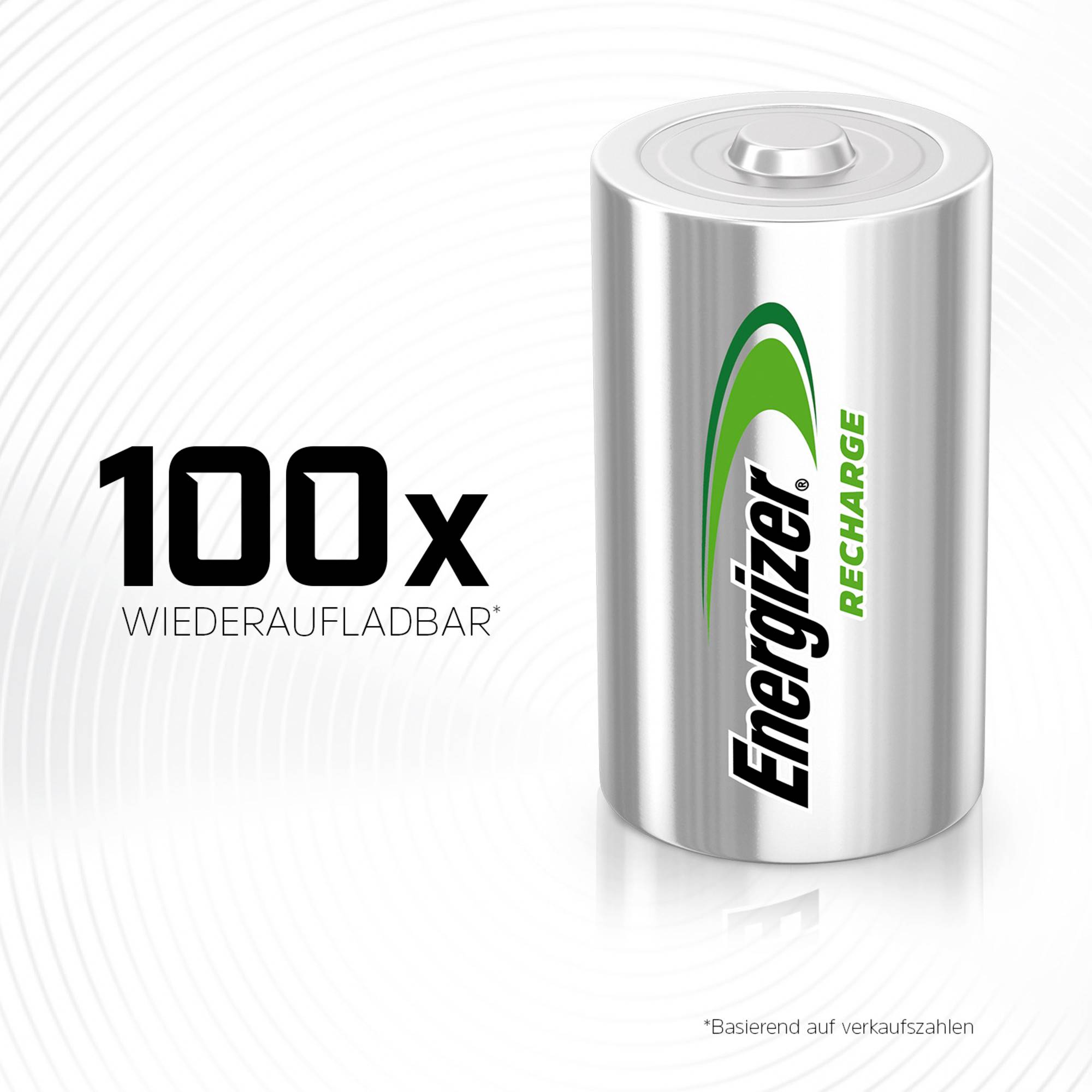 Batterie mit der Aufschrift 'Energizer Recharge', daneben Text '100x wiederaufladbar'. Hintergrund abstrahiert energisch.
