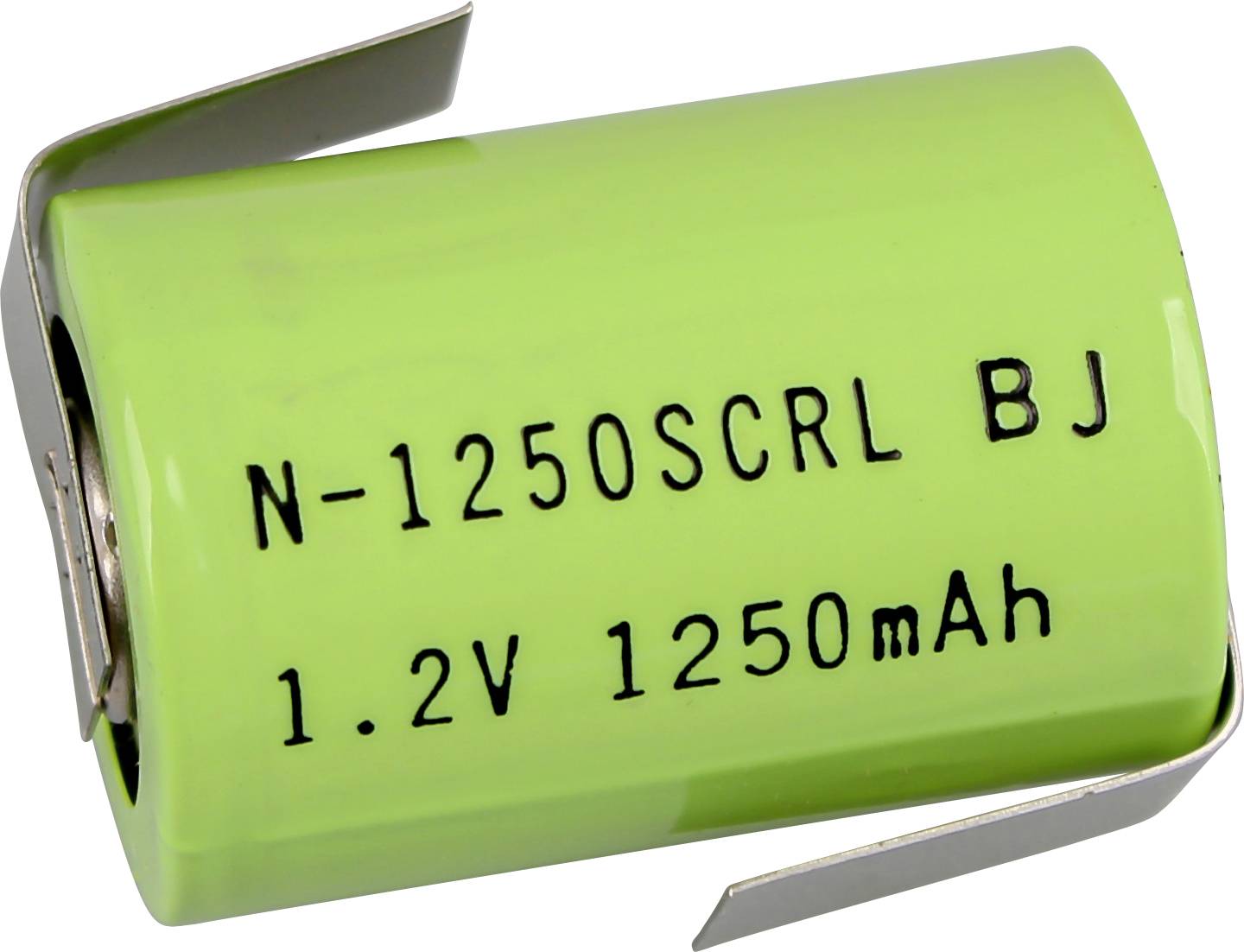 Grüne wiederaufladbare Batteriezelle mit der Beschriftung "N-1250SCRL BJ" und "1.2V 1250mAh" mit Metallkontakten.