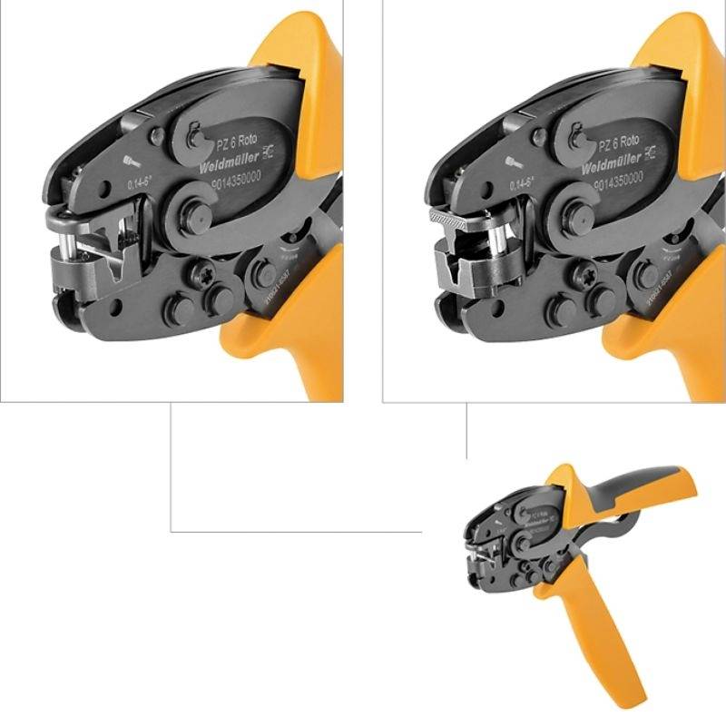 Eine orange Handcrimpzange mit verschiedenen Ansichten, gezeigt aus zwei Winkeln und vollständig, zum Verbinden von Kabeln und Drähten.