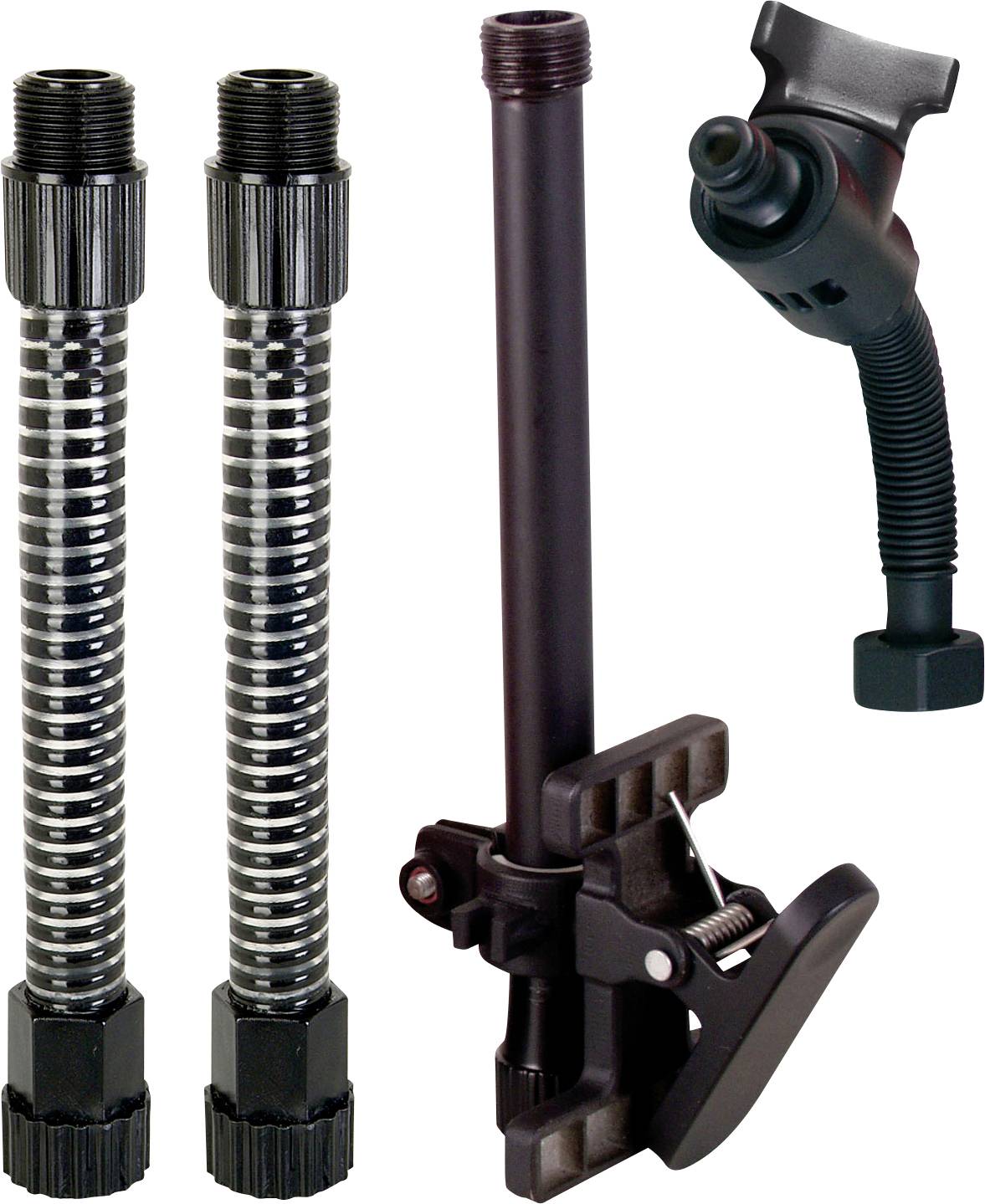 Schwarze Fahrradventil-Verlängerungen und eine schwarze Luftpumpe. Ventile haben gerillte Schraubverschlüsse, Pumpe mit Arretierung.