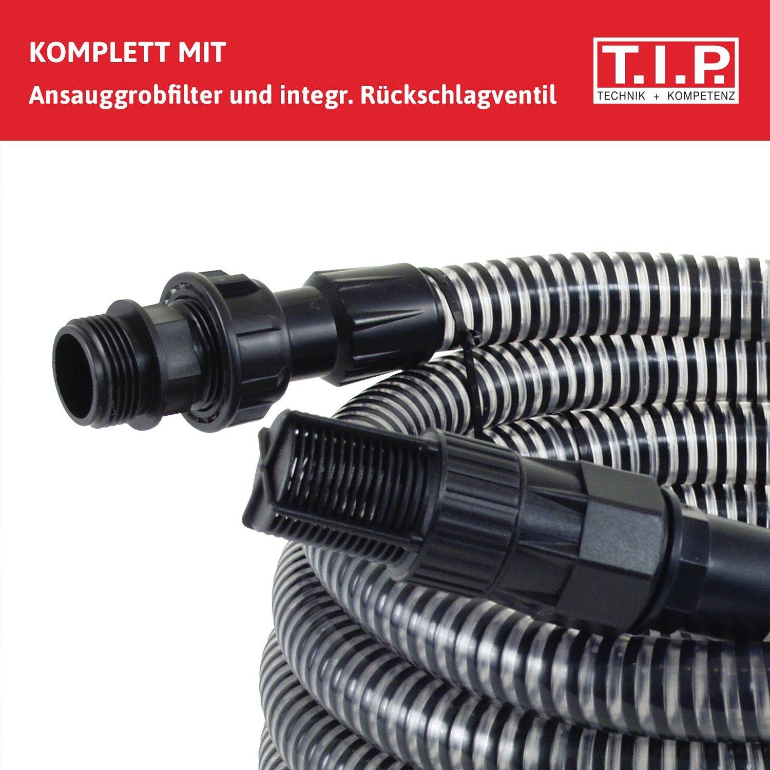 Schwarzer Saugschlauch mit eingebautem Rückschlagventil und Filter. Text in rotem Feld: 'Komplett mit Ansauggroßfilter und integr. Rückschlagventil'.