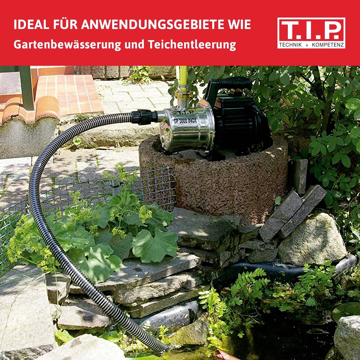 Eine Wasserpumpe mit Schlauch auf einem Stein. Text im Bild: 'Ideal für Anwendungsgebiete wie Gartenbewässerung und Teichentleerung'.